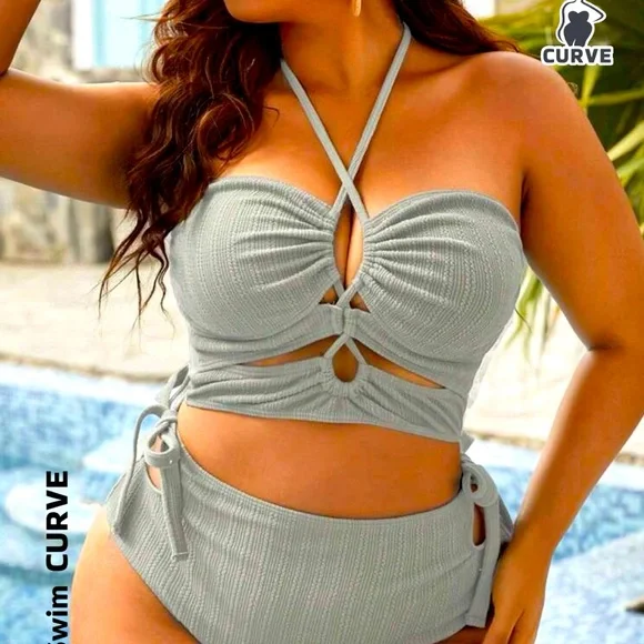 Grey Swim Curve Plus Drawstring
Side Halter Bikini Swimsuit - Picture 1 of 7